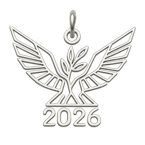 Silver cut-out charm only with  two spread out bird wings, an olive branch and  along year 2026