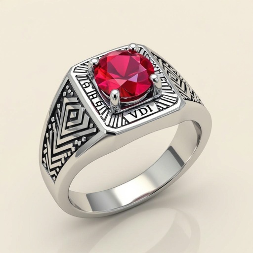 Red stone, silver, college class ring for women, VDI inscribed on the decor and under the stone