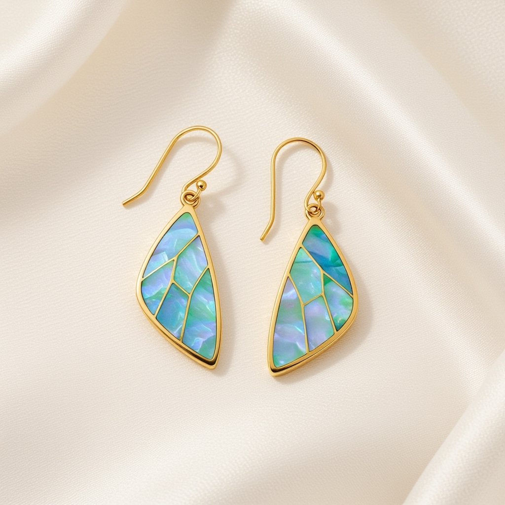 Серьги золотые в виде бирюзового с переливами половины крыла бабочки из перламутра 