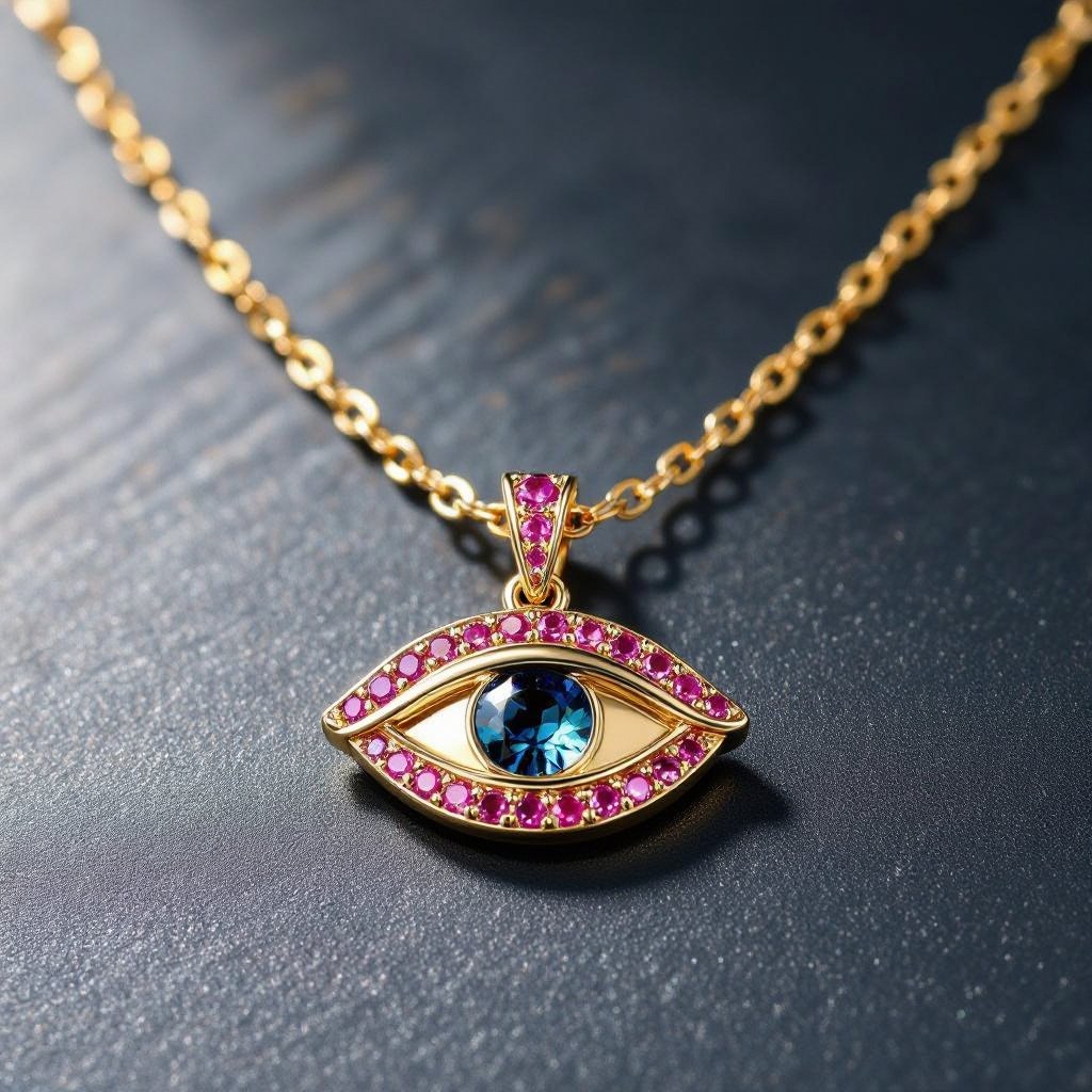 Тонкая цепочка с золотыми шариками и мелкими розовыми камушками на цепочке есть кулон в форме глаза, зрачок глаза из темно синего камня 