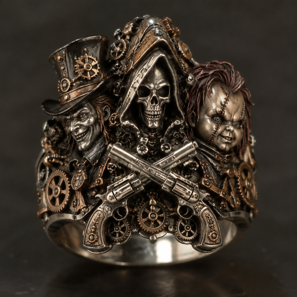 A steampunk women's ring made of mixed metal suitable for daily wear, detailed and decorative, moderately ornate. madhatter a reaper and Chucky and 2 pistols crossing
photorealistic jewelry design, A steampunk women's ring made of mixed metal suitable for daily wear, detailed and decorative, moderately ornate. madhatter a reaper and Chucky and 2 pistols crossing, steampunk style, just the design no text