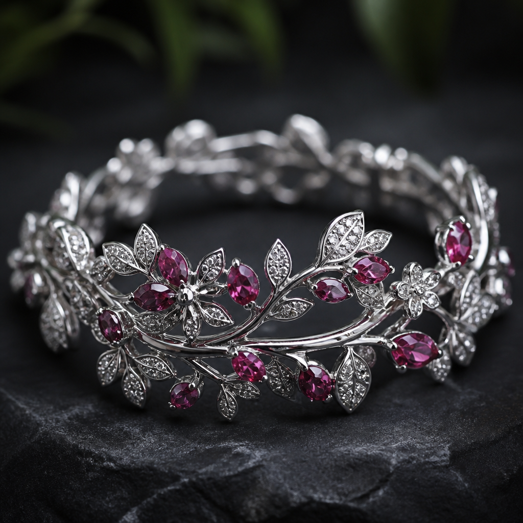 A nature women's bracelet made of silver with diamond and ruby stones, highly ornate, intricate and elaborate, richly detailed