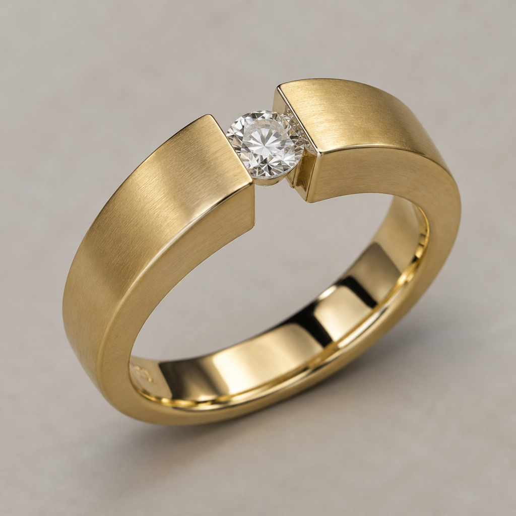 A tension men's ring made of gold suitable for wedding
photorealistic jewelry design, A tension men's ring made of gold suitable for wedding, tension style, just the design no text