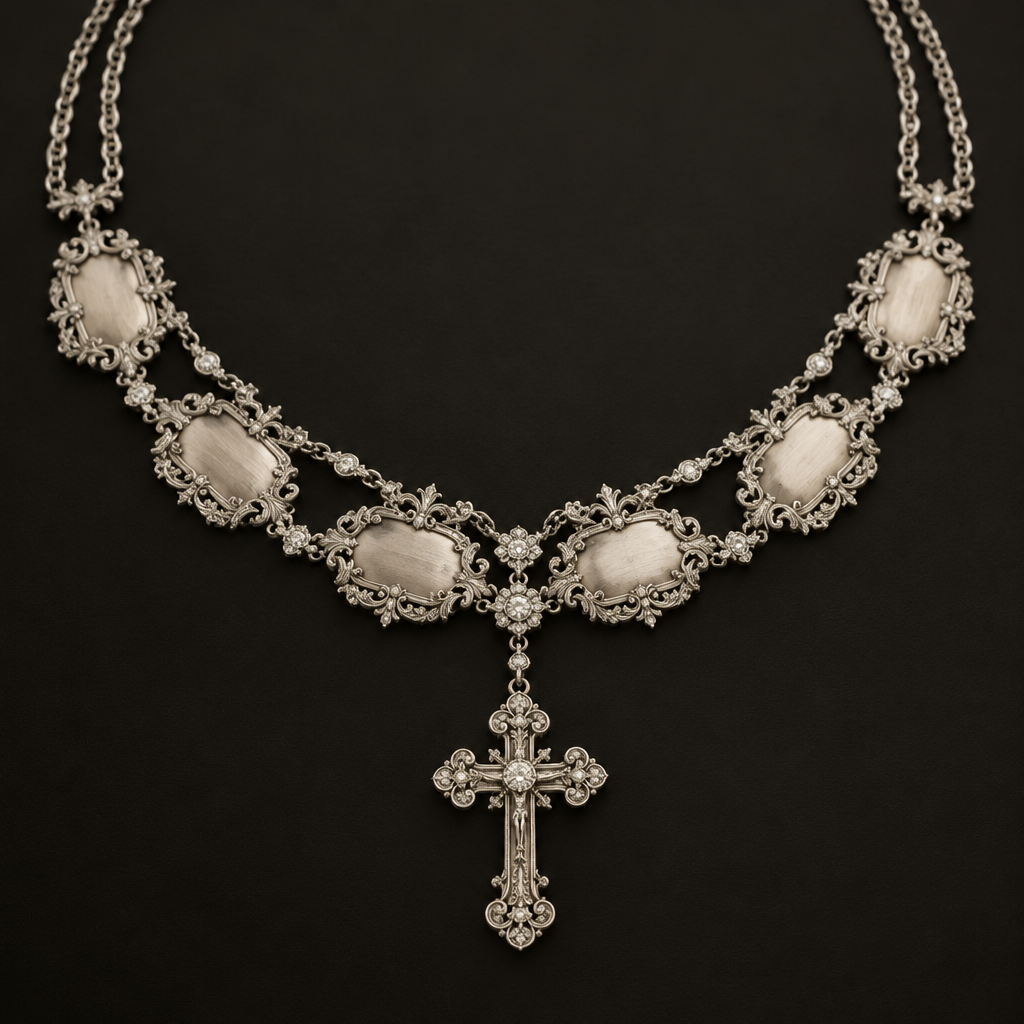 A vintage women's necklace made of platinum, highly ornate, intricate and elaborate, richly detailed. collar doble cadena con 6 placas. con mi. nonbres. y. una crz de dije
photorealistic jewelry design, A vintage women's necklace made of platinum, highly ornate, intricate and elaborate, richly detailed. collar doble cadena con 6 placas. con mi. nonbres. y. una crz de dije, vintage style, just the design no text