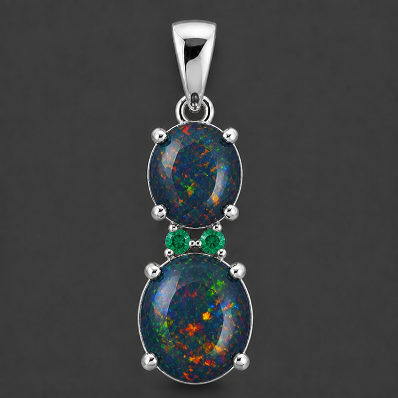 Change citrine to black fire opal, add emerald accents
edit the attached jewelry design with these instructions: Change citrine to black fire opal, add emerald accents. keep it photorealistic, just the design no text