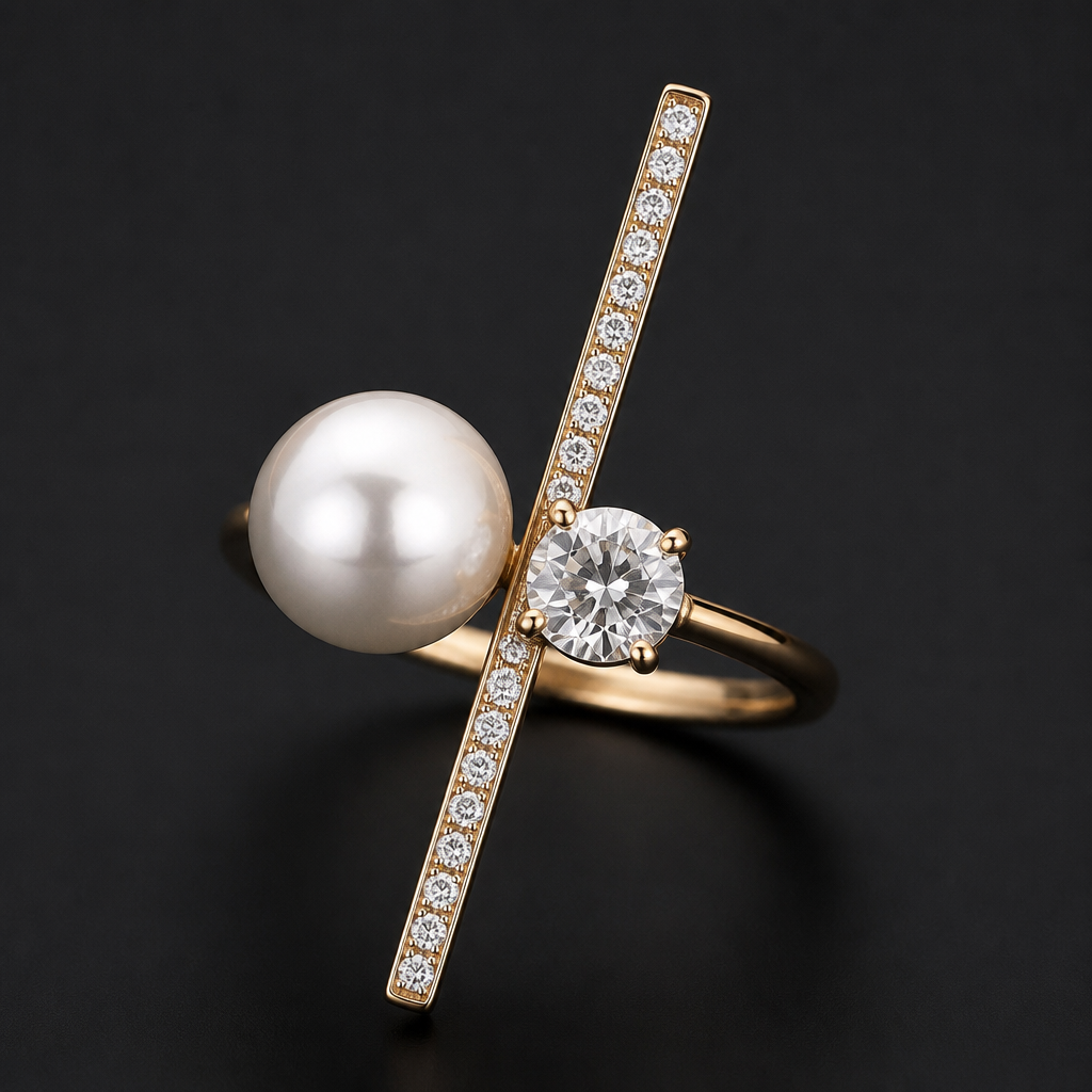 A women's ring with diamond and pearl stones. Diamond Stick Pin
photorealistic jewelry design, A women's ring with diamond and pearl stones. Diamond Stick Pin, modern style, just the design no text