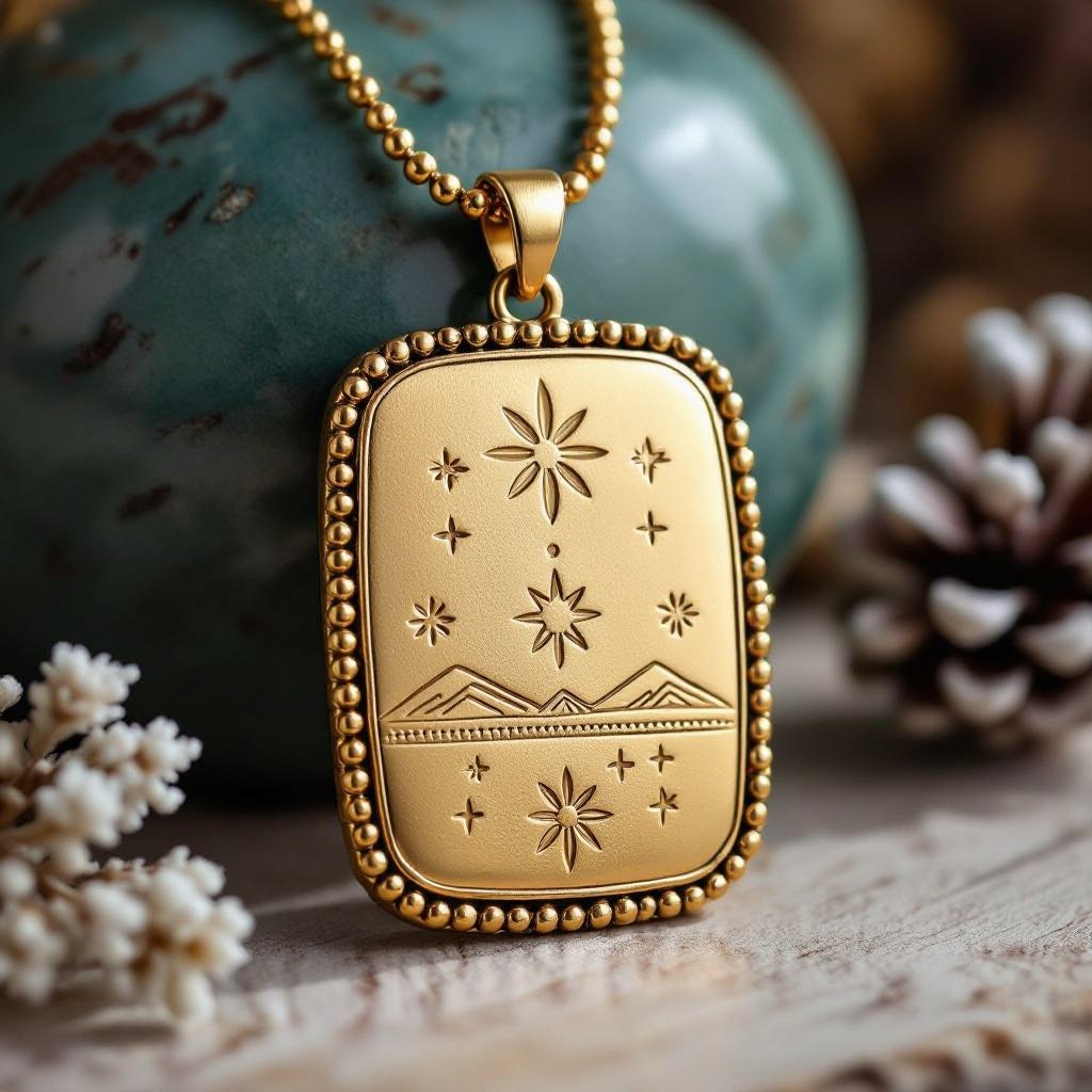 Золотой матовый медальон в форме неровного прямоугольника с округлыми краями. По краям выпуклые точки сплошной линией. На прямоугольнике разные мелкие узоры вырезаны. Символически изображена земля и звезды