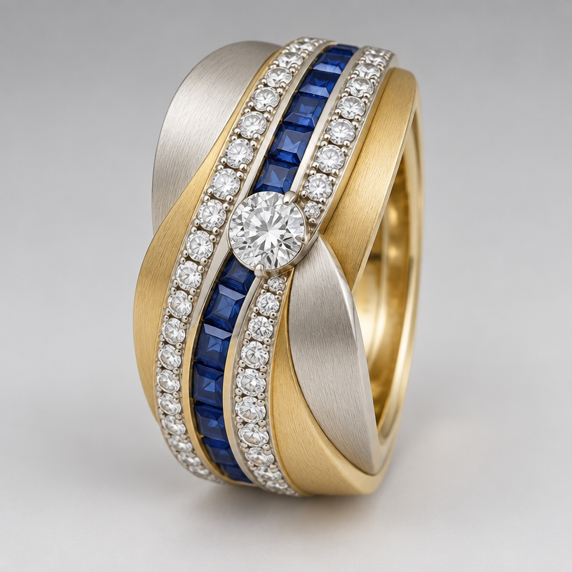A women's ring made of mixed metal with diamond and sapphire stones. design a ring with 33 .10 carat diamonds, 7 .10 carat square blue sapphires, and one .50 carat round diamond, using white and yellow gold in a matte finish. band should be wide.
using the attached image as a visual reference, create A women's ring made of mixed metal with diamond and sapphire stones. design a ring with 33 .10 carat diamonds, 7 .10 carat square blue sapphires, and one .50 carat round diamond, using white and yellow gold in a matte finish. band should be wide.. photorealistic, just the design no text