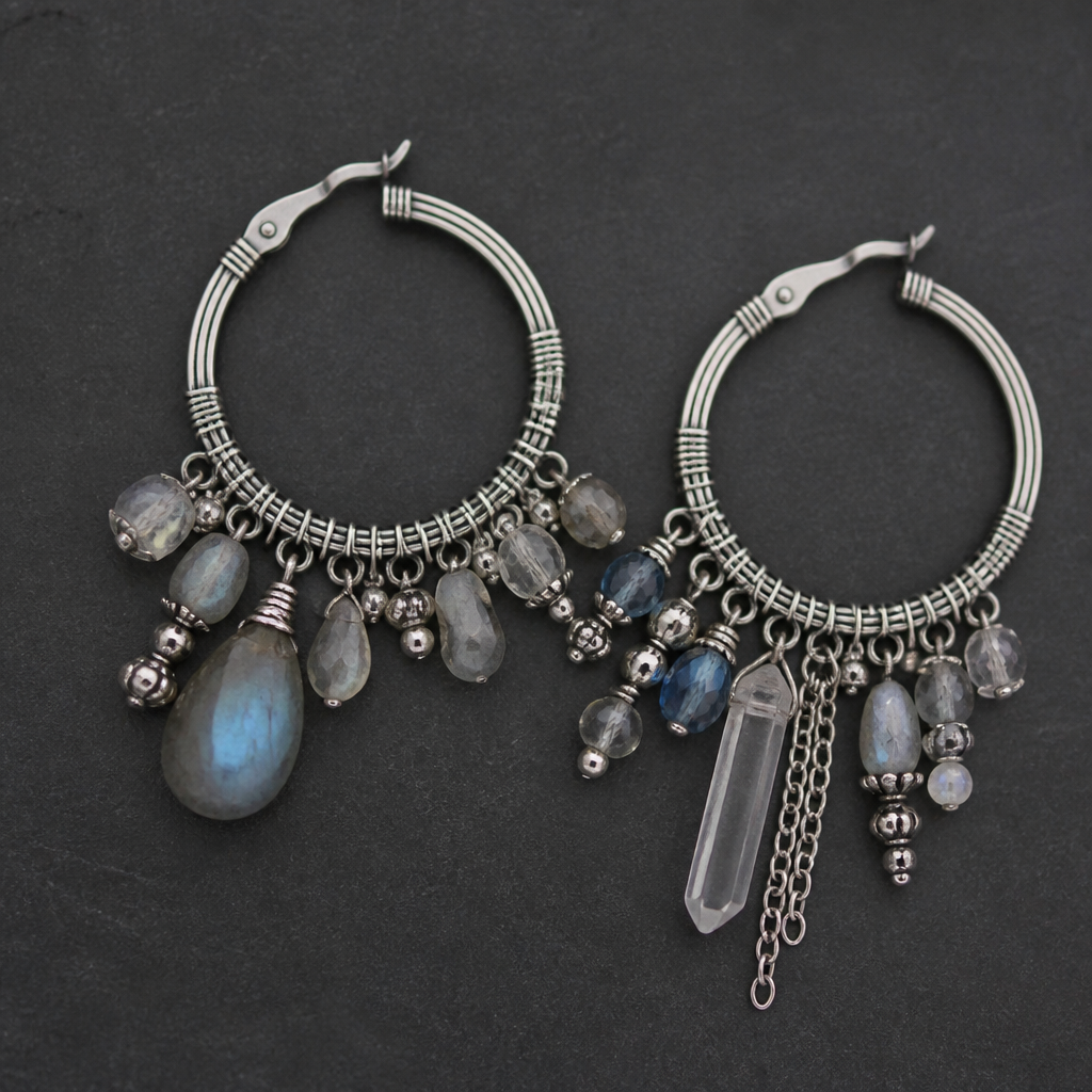 A bohemian women's earrings made of silver. hoop earrings with different types of beads and crystals
photorealistic jewelry design, A bohemian women's earrings made of silver. hoop earrings with different types of beads and crystals, bohemian style, just the design no text