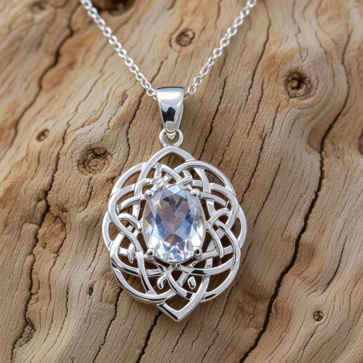 A Celtic 50 carat oval-cut IF smooth moonstone gemstone necklace gemstone with white gold lining around it 