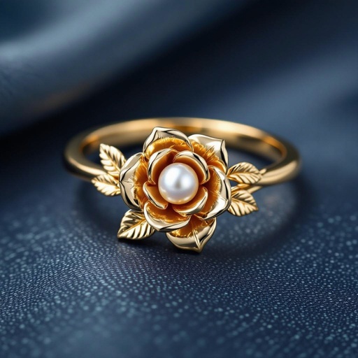 crate a gold ring with e rose and a perl in the midle of the rose and from the sides of the rind leaf’s and something elf’s style