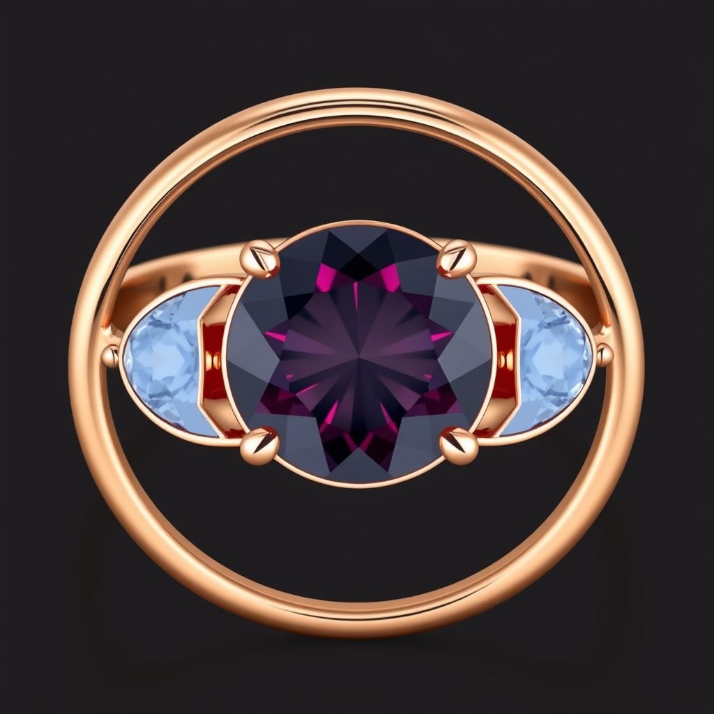 A simple rose gold engagement ring set with a circular alexandrite. Also set with a small half moon blue chalcedony on one side right next to it, and a small half moon moonstone set on the other side right next to it. On the inside of the band, it has an inscription reading, “Tuum. Et in hac vita et in altera.”