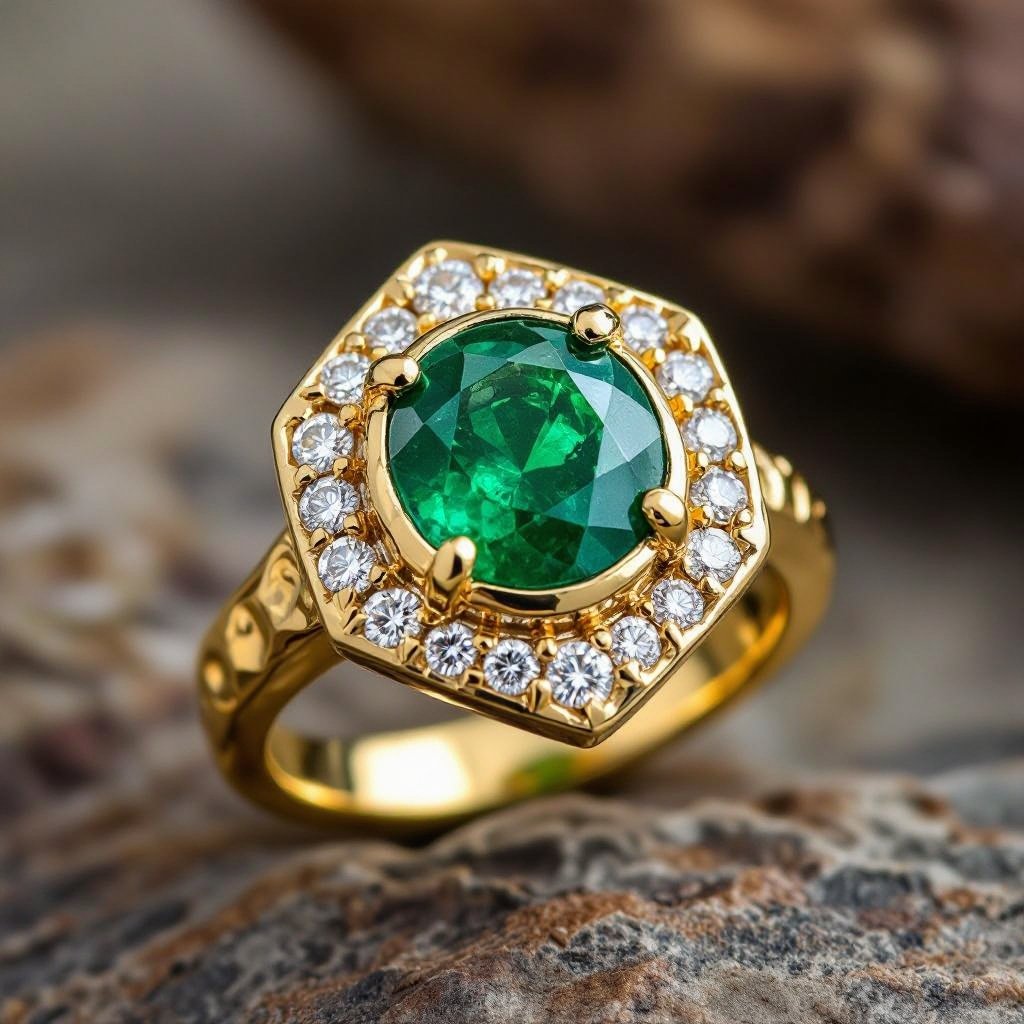 Anillo en oro con esmeralda trapiche redonda y diamantes al rededor que forme un hexágono en el metal