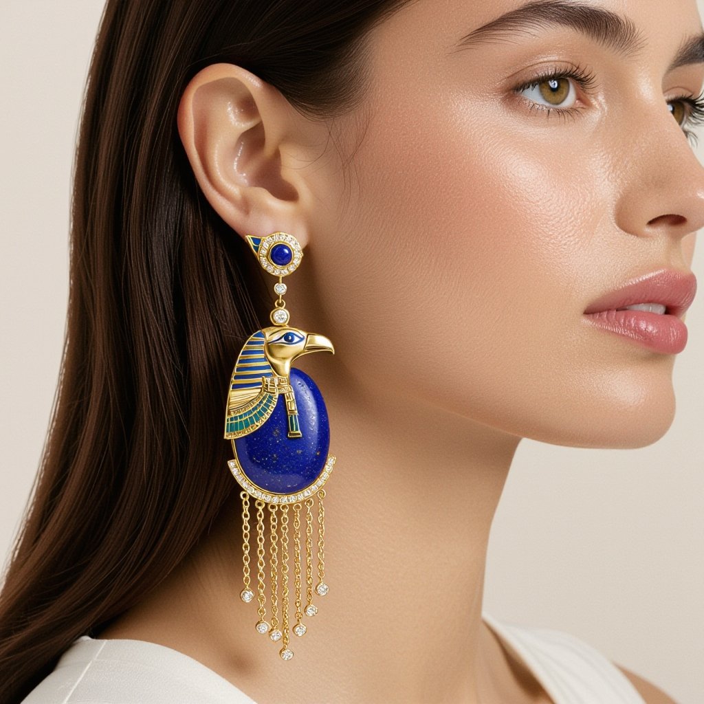 Zototy long earrings with a pendant symbolic image of the Egyptian god Ra with a bird's head symbol of the sun long chains
