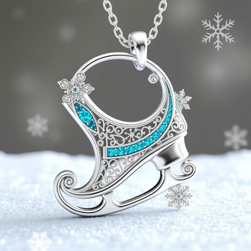 Silver Pendant shape one ice skate with turquoise stripe inside the low thin part blade