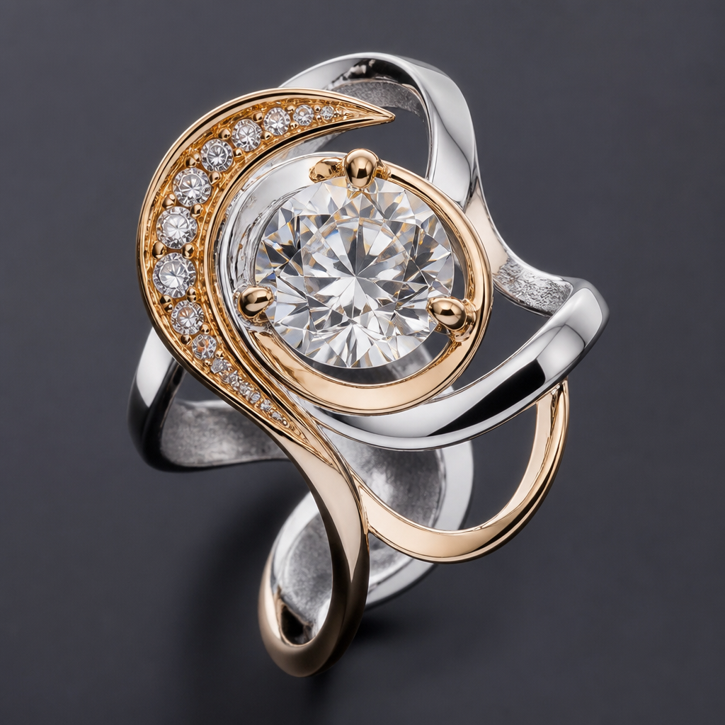 A avant-garde women's ring made of mixed metal with diamond stones suitable for festival. An extraordinary excellent beautiful delicate and elegant solitaire women ring. Face of the ring.
photorealistic jewelry design, A avant-garde women's ring made of mixed metal with diamond stones suitable for festival. An extraordinary excellent beautiful delicate and elegant solitaire women ring. Face of the ring., avant_garde style, just the design no text