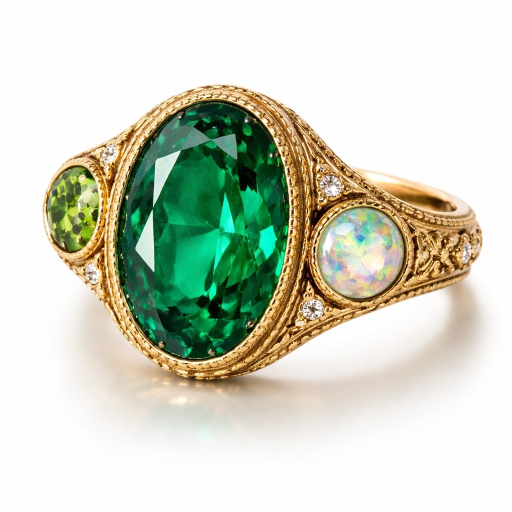 A gold ring, big oval emerald, one side pridot, one side opal. All bazel