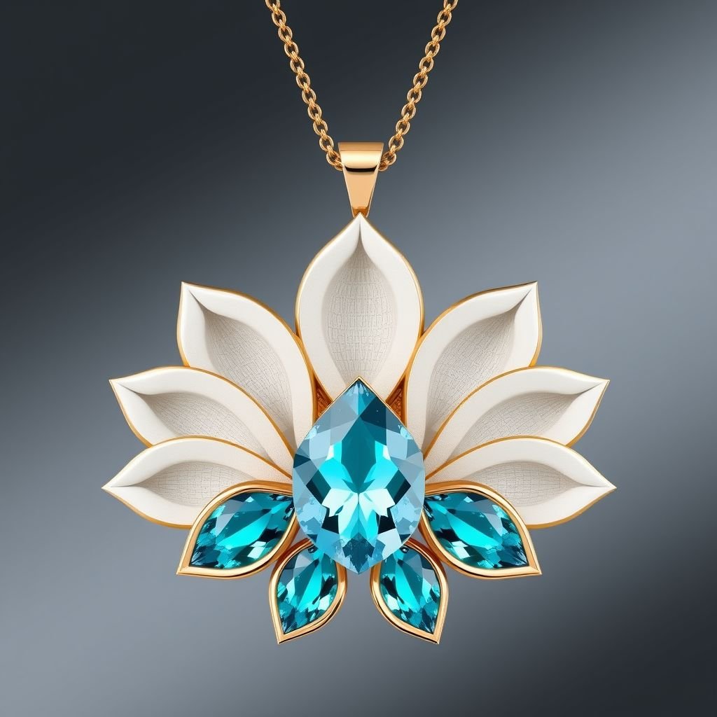 A 50 carat lotus shaped pendant necklace with VVS Nanette-cut turquoise sapphire gemstones and gold chain 