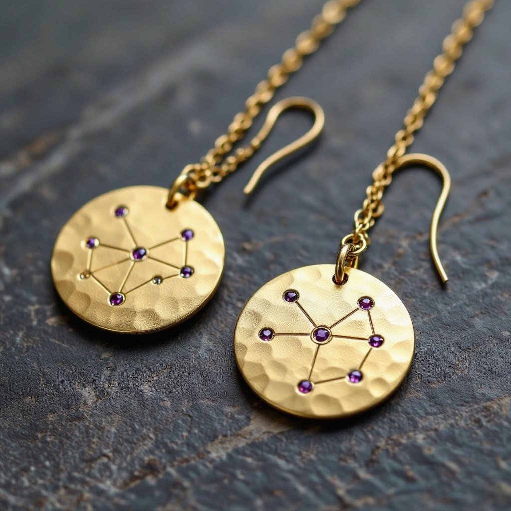 Серьги длинные на цепочках матовое золото мятое. Символ схематично созвездие. Маленькие фиолетовые камушки