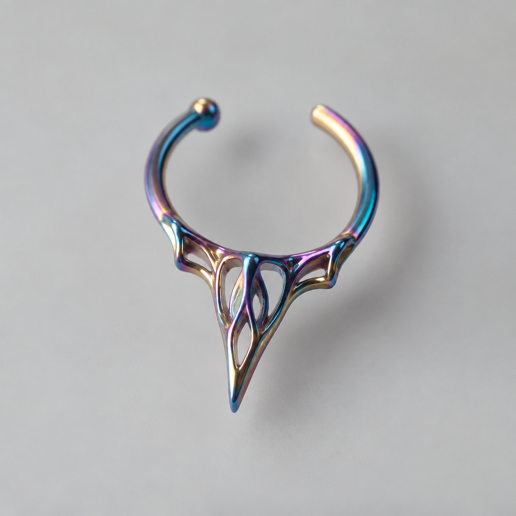 Подвеска на нос с титана анодированного, легкая напечатанная на 3D принтере
photorealistic jewelry design, Подвеска на нос с титана анодированного, легкая напечатанная на 3D принтере , just the design no text