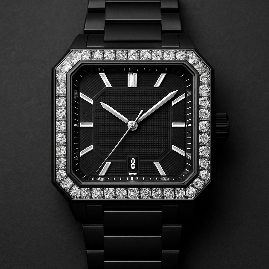 Herren Armbanduhr eckig in schwarz mit weißen Diamanten eckig luxeriös