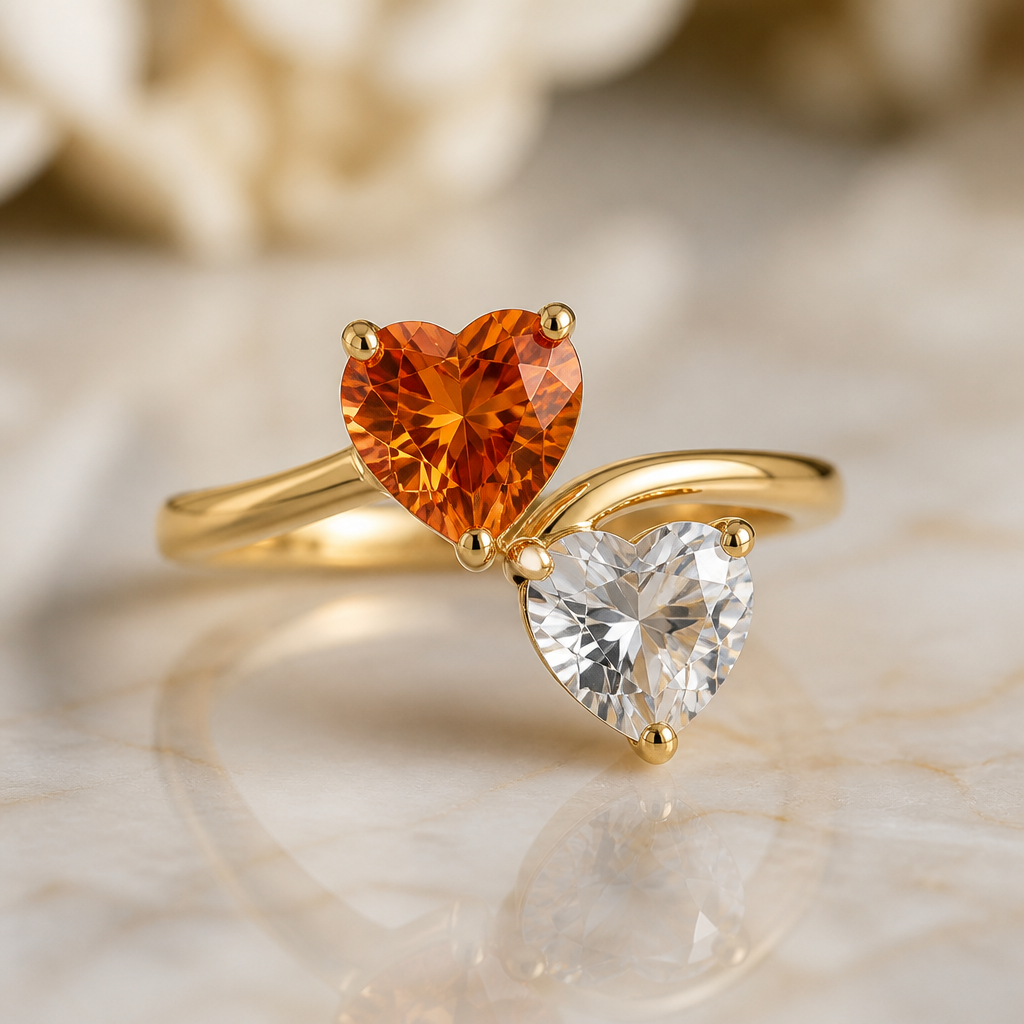 A women's ring. design a ring that will look greate on a size 6 finger with two heart stones being 2ct, the one heart is an orange sapphire and the other heart is an crystal quartz and the band must be gold
photorealistic jewelry design, A women's ring. design a ring that will look greate on a size 6 finger with two heart stones being 2ct, the one heart is an orange sapphire and the other heart is an crystal quartz and the band must be gold, modern style, just the design no text