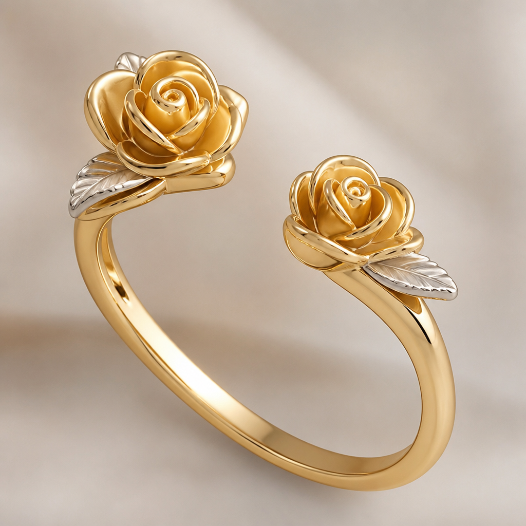 A women's ring. خاتم وردتين في مقابل بعض مفتوح
photorealistic jewelry design, A women's ring. خاتم وردتين في مقابل بعض مفتوح, modern style, just the design no text
