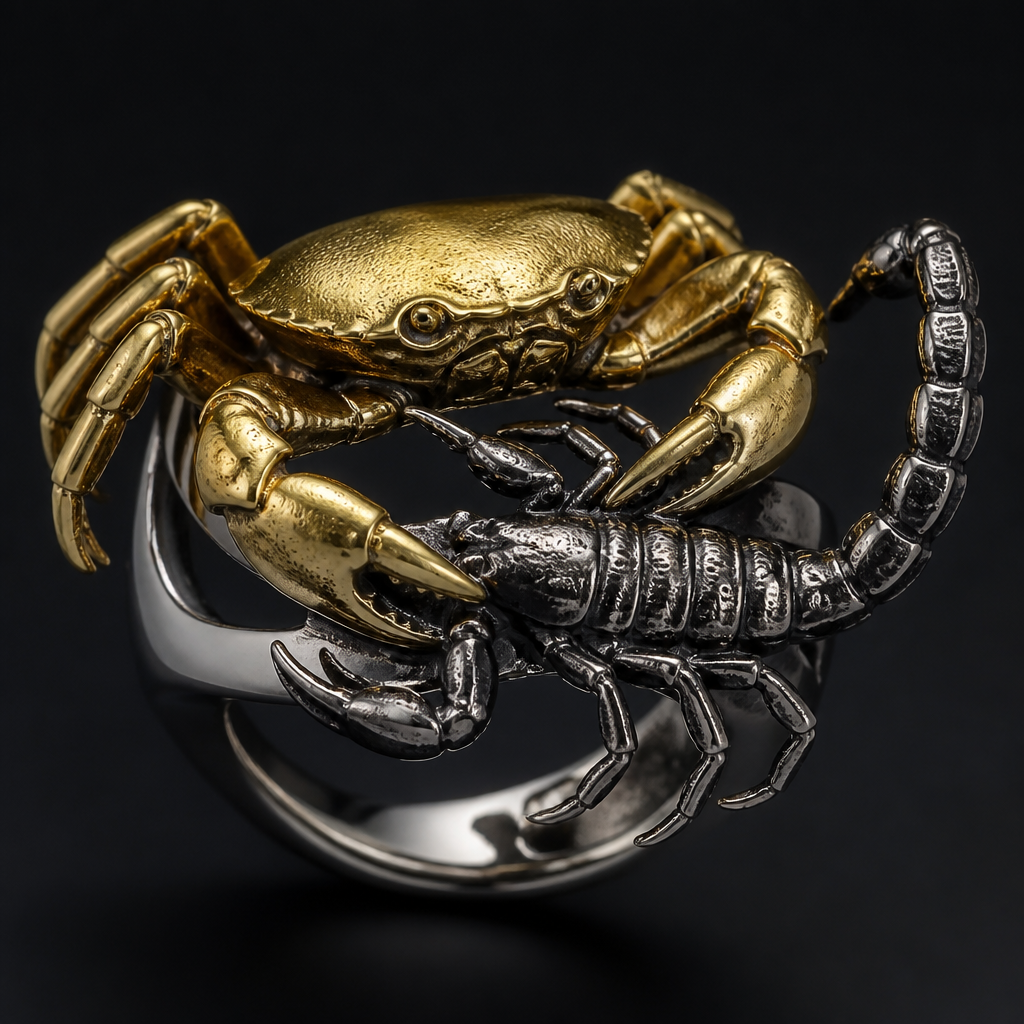 A women's ring. crab choking scorpian
scorpian starring at crab st
inging crab
photorealistic jewelry design, A women's ring. crab choking scorpian
scorpian starring at crab st
inging crab, modern style, just the design no text