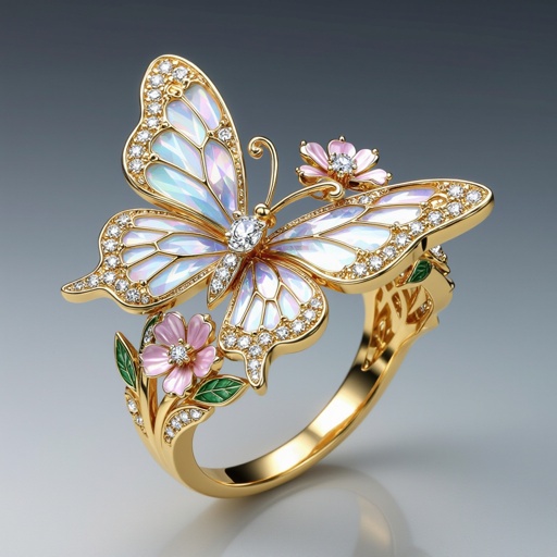 fairytale gold and diamond ring with buteefly wings diamond in the middle and flowers 