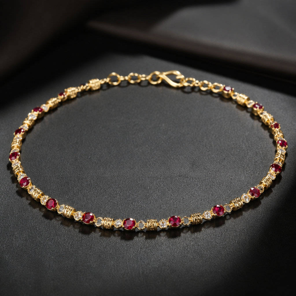 A modern men's anklet with ruby and topaz stones suitable for daily wear, detailed and decorative, moderately ornate. sparkling reddish like
photorealistic jewelry design, A modern men's anklet with ruby and topaz stones suitable for daily wear, detailed and decorative, moderately ornate. sparkling reddish like, modern style, just the design no text