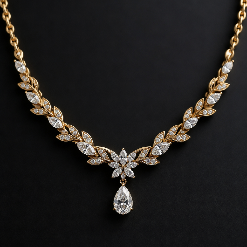 A luxury women's necklace made of gold with diamond stones suitable for engagement
photorealistic jewelry design, A luxury women's necklace made of gold with diamond stones suitable for engagement, luxury style, just the design no text