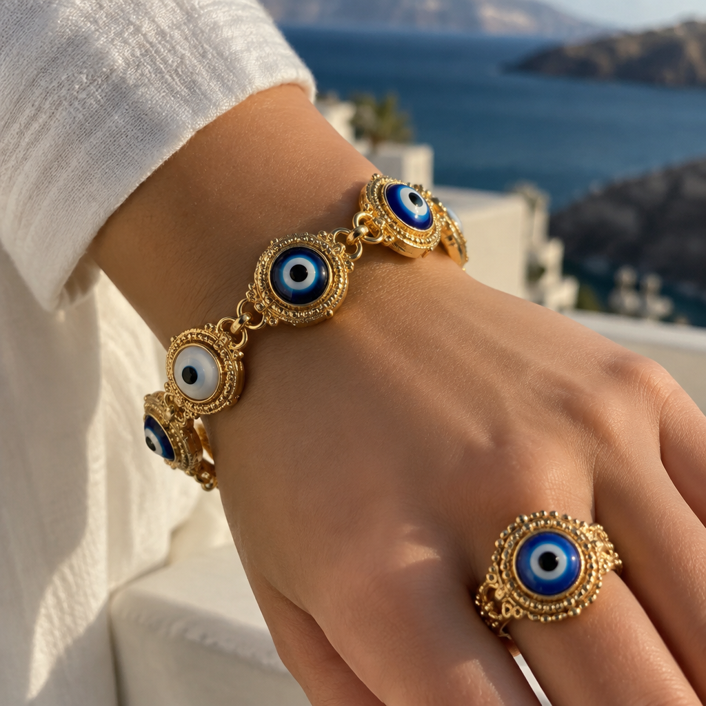 A mediterranean women's ring made of gold, highly ornate, intricate and elaborate, richly detailed. a bracelet with black white and blue evil eyes around the wrist encased in gold rims which have 2 gold rings attached to the encasing to interlink each evil eye
photorealistic jewelry design, A mediterranean women's ring made of gold, highly ornate, intricate and elaborate, richly detailed. a bracelet with black white and blue evil eyes around the wrist encased in gold rims which have 2 gold rings attached to the encasing to interlink each evil eye, mediterranean style, just the design no text