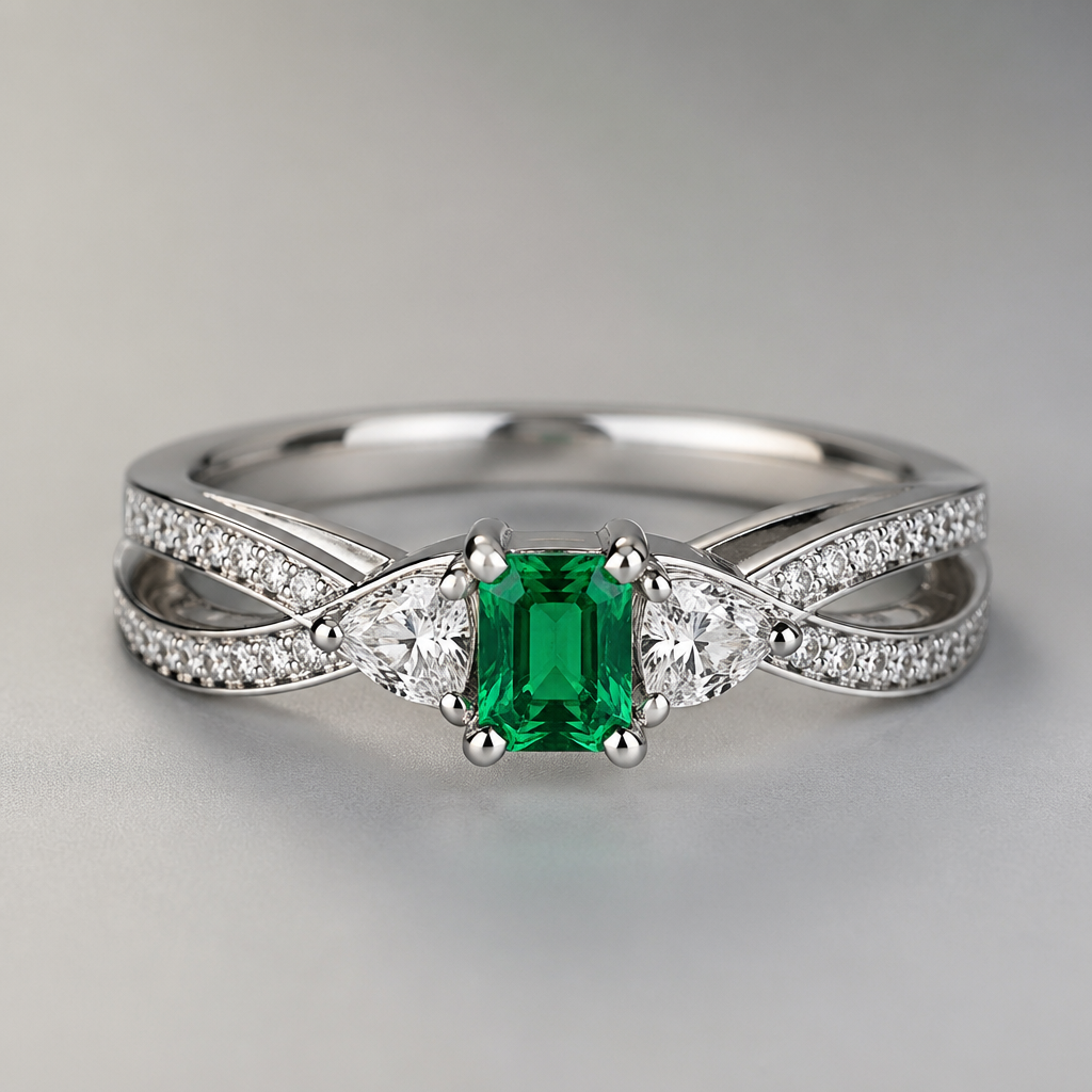 A modern women's ring made of white gold with diamond and emerald stones suitable for wedding
photorealistic jewelry design, A modern women's ring made of white gold with diamond and emerald stones suitable for wedding, modern style, just the design no text