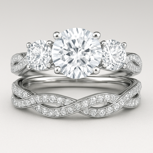 Elegant 4 carat tw 3 stone engagement ring with twisted pave band with matching wedding band