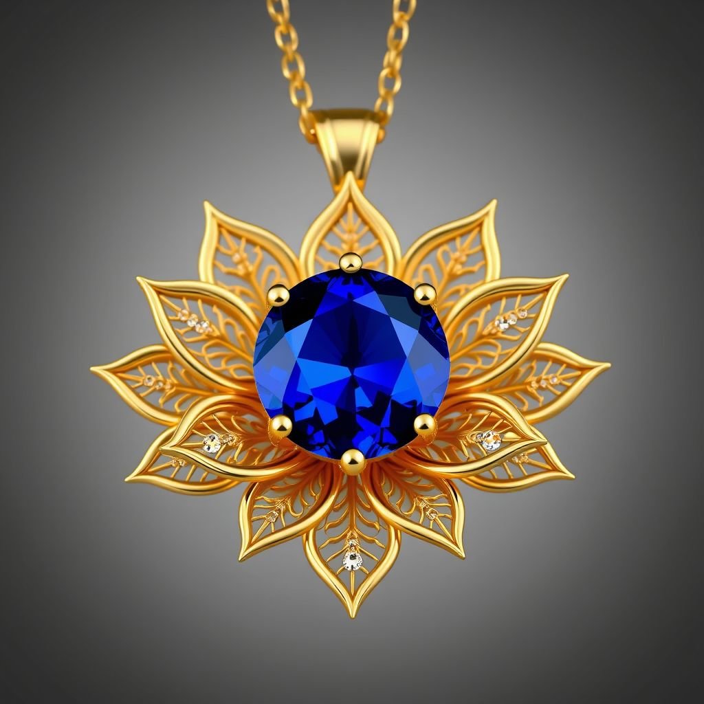 A gold necklace with a color gemstone in the middle. The necklace must have the details of the flower lotus