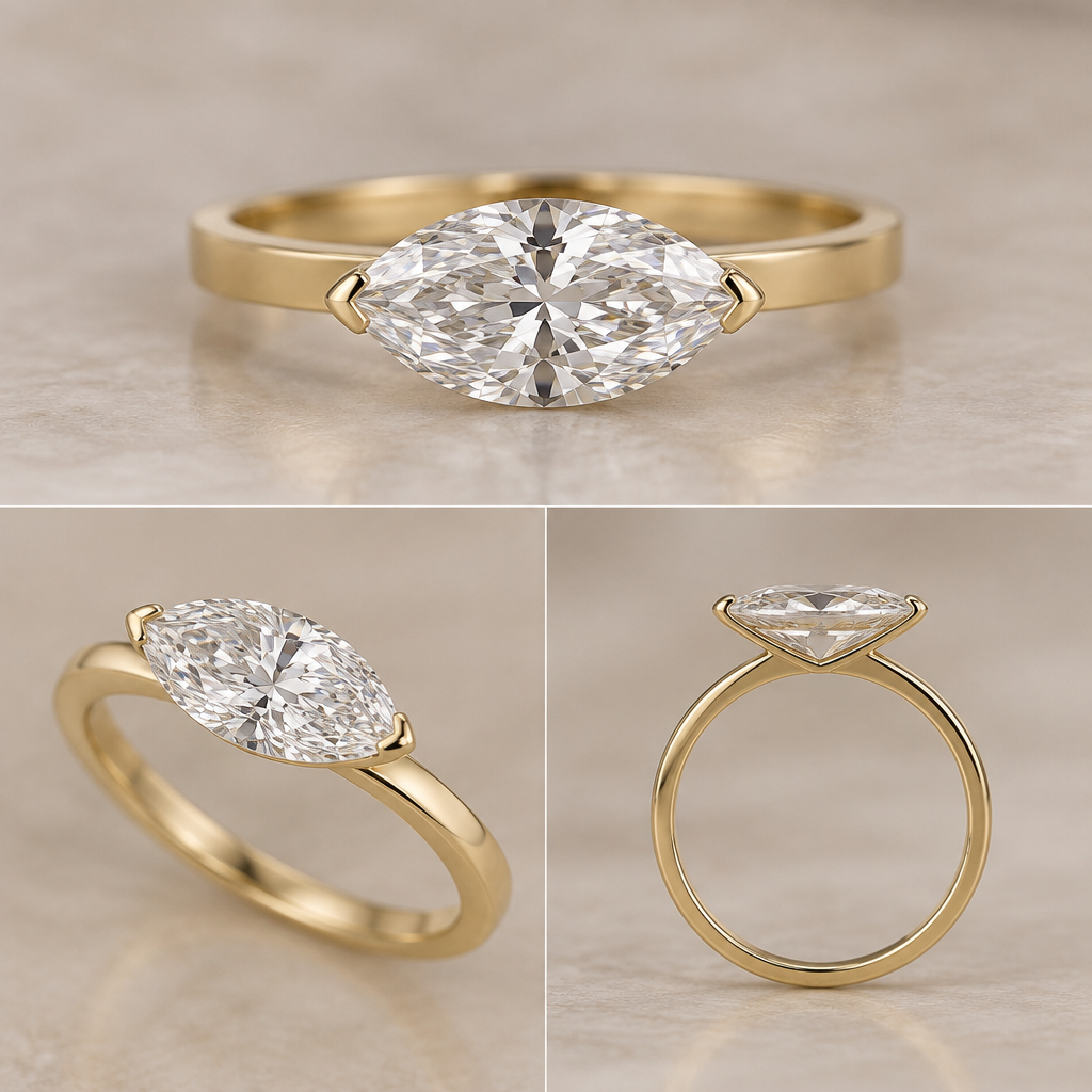 A women's ring, detailed and decorative, moderately ornate. Create a photorealistic high-end jewelry design featuring my actual 1.90 ct laboratory-grown marquise diamond, measurements 12.81 × 6.39 × 4.11 mm, E color, VS2. Preserve those exact proportions and do not substitute a generic marquise. Mount the marquise east-to-west (horizontal) on a straight, perfectly flat 2.0 mm yellow-gold band.
The design should be exceptionally minimal and refined. The diamond should look substantial but correctly scaled to the 2 mm band, not artificially enlarged. Do not make the diamond wider, longer, or visually oversized relative to its stated measurements.
Create a floating solitaire appearance. Use only the minimum metal necessary to secure the diamond: two microscopic, narrow claw prongs at the extreme left and right points, gripping the girdle. The claws should be flat and delicate and should NOT extend outward beyond the diamond's points.
No round or spherical prongs. No ball prongs. No V-prongs. No chevrons. No bezel. No halo. No decorative metal around the stone.
Use an extremely thin, recessed structural gallery beneath the diamond. Keep the pavilion properly supported while making the support visually disappear from the top view. The flat 2 mm band should remain clean and uninterrupted.
The goal is not to make the diamond look enormous. The goal is to make a correctly proportioned 1.90 ct marquise appear effortlessly suspended over a very thin band.
Make the construction physically plausible for a real professional jeweler to fabricate and suitable for daily wear. Preserve realistic diamond depth; do not flatten the stone.
Show the same ring from front, side, and three-quarter views, with consistent proportions between all three views. Polished solid yellow gold, no other gemstones, understated luxury jewelry photography.
photorealistic jewelry design, A women's ring, detailed and decorative, moderately ornate. Create a photorealistic high-end jewelry design featuring my actual 1.90 ct laboratory-grown marquise diamond, measurements 12.81 × 6.39 × 4.11 mm, E color, VS2. Preserve those exact proportions and do not substitute a generic marquise. Mount the marquise east-to-west (horizontal) on a straight, perfectly flat 2.0 mm yellow-gold band.
The design should be exceptionally minimal and refined. The diamond should look substantial but correctly scaled to the 2 mm band, not artificially enlarged. Do not make the diamond wider, longer, or visually oversized relative to its stated measurements.
Create a floating solitaire appearance. Use only the minimum metal necessary to secure the diamond: two microscopic, narrow claw prongs at the extreme left and right points, gripping the girdle. The claws should be flat and delicate and should NOT extend outward beyond the diamond's points.
No round or spherical prongs. No ball prongs. No V-prongs. No chevrons. No bezel. No halo. No decorative metal around the stone.
Use an extremely thin, recessed structural gallery beneath the diamond. Keep the pavilion properly supported while making the support visually disappear from the top view. The flat 2 mm band should remain clean and uninterrupted.
The goal is not to make the diamond look enormous. The goal is to make a correctly proportioned 1.90 ct marquise appear effortlessly suspended over a very thin band.
Make the construction physically plausible for a real professional jeweler to fabricate and suitable for daily wear. Preserve realistic diamond depth; do not flatten the stone.
Show the same ring from front, side, and three-quarter views, with consistent proportions between all three views. Polished solid yellow gold, no other gemstones, understated luxury jewelry photography., modern style, just the design no text
