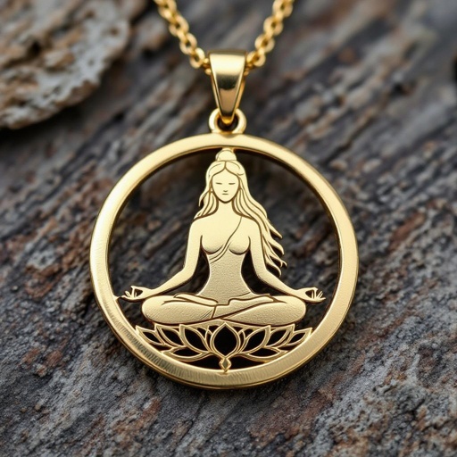 Золотой кулон в виде неровного круга в круге выгравирован силуэт женщины с длинными волосами в позе лотоса лица не видго