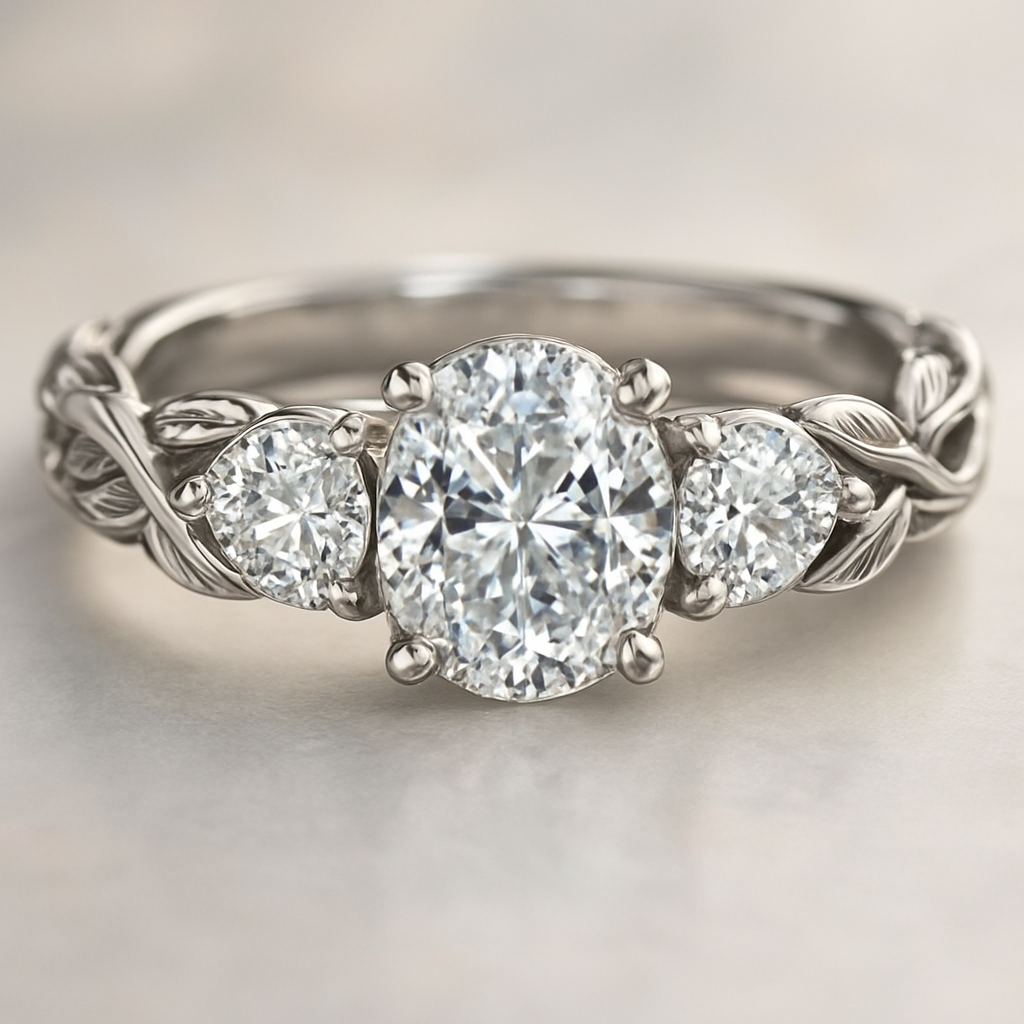 A silver engagement ring that has an oval lab diamond in the center and one on each side of the center one with more leaf design for the band to make it look bigger.  The band needs to have luxury twists design. Make the ring look more enchanting and more expensive.
