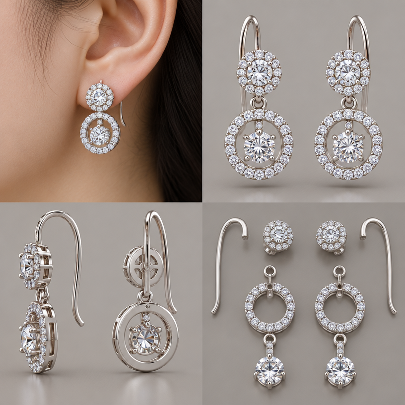 A women's earrings, detailed and decorative, moderately ornate. ตามแบบที่แนบไป สามารถถอดออกเป็นชิ้นๆ ได้, 4 view,เป็นตุ้งติ้งอ้อมหลังหู
using the attached image as a visual reference, create A women's earrings, detailed and decorative, moderately ornate. ตามแบบที่แนบไป สามารถถอดออกเป็นชิ้นๆ ได้, 4 view,เป็นตุ้งติ้งอ้อมหลังหู. photorealistic, just the design no text
