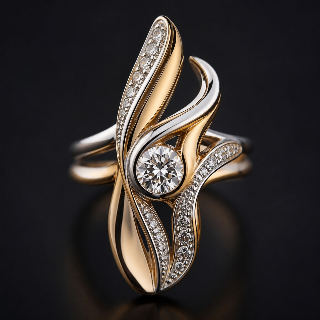 A abstract women's ring made of mixed metal with diamond stones suitable for festival. An extraordinary excellent beautiful delicate and elegant solitaire women ring. Face of the ring.
photorealistic jewelry design, A abstract women's ring made of mixed metal with diamond stones suitable for festival. An extraordinary excellent beautiful delicate and elegant solitaire women ring. Face of the ring., abstract style, just the design no text