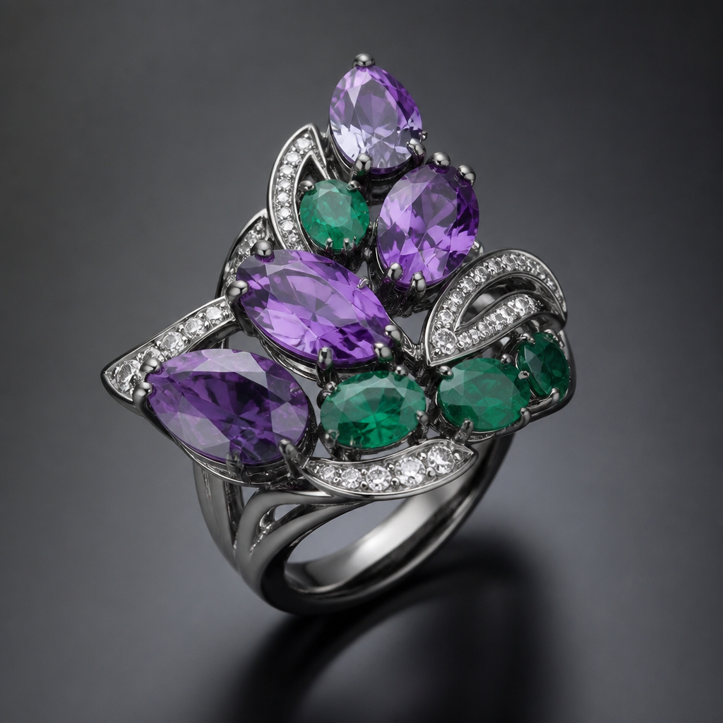 A cocktail women's ring made of titanium with amethyst and emerald and diamond stones
photorealistic jewelry design, A cocktail women's ring made of titanium with amethyst and emerald and diamond stones, cocktail style, just the design no text