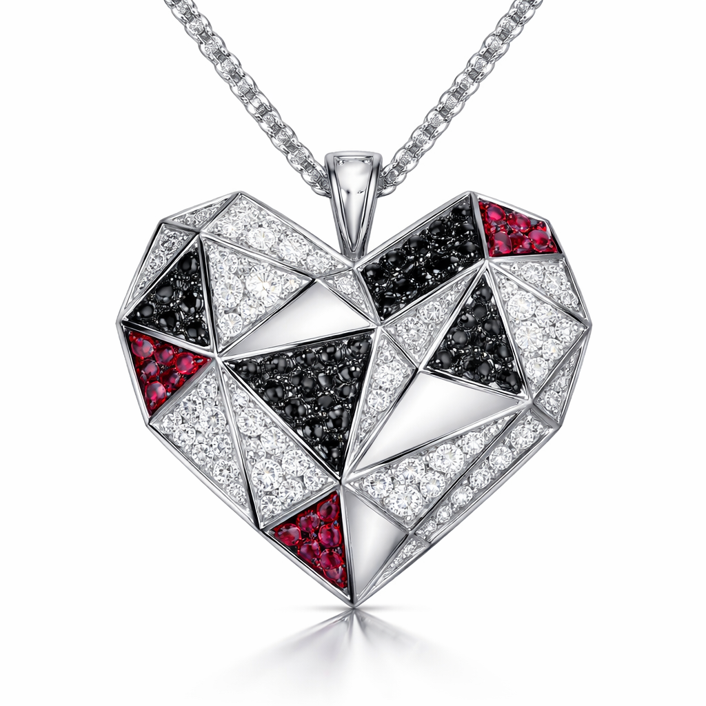 Geomatric pendant of heart of ede style and shape white black diamonds of love shape of little bit of ruby stones and chain