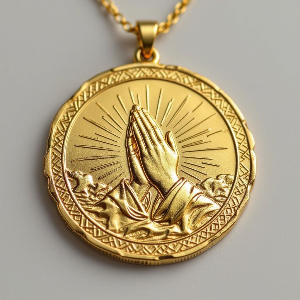 Золотой матовый медальон похожий на мятую монету с неровными краями. По кругу выгравированы изящные узоры. В центре выпуклые ладони, сложенные в молитве и от них исходит свет