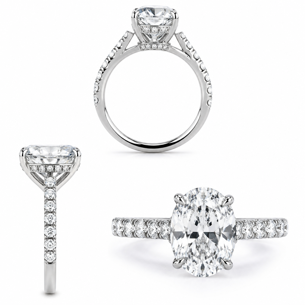 Make me a cathedral diamond engagement ring with shared prongs down the shank with a hidden halo
photorealistic jewelry design, Make me a cathedral diamond engagement ring with shared prongs down the shank with a hidden halo, just the design no text