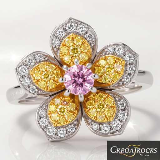 make a white gold ring, with a pink and big yellow diamond flower-shaped stone. 