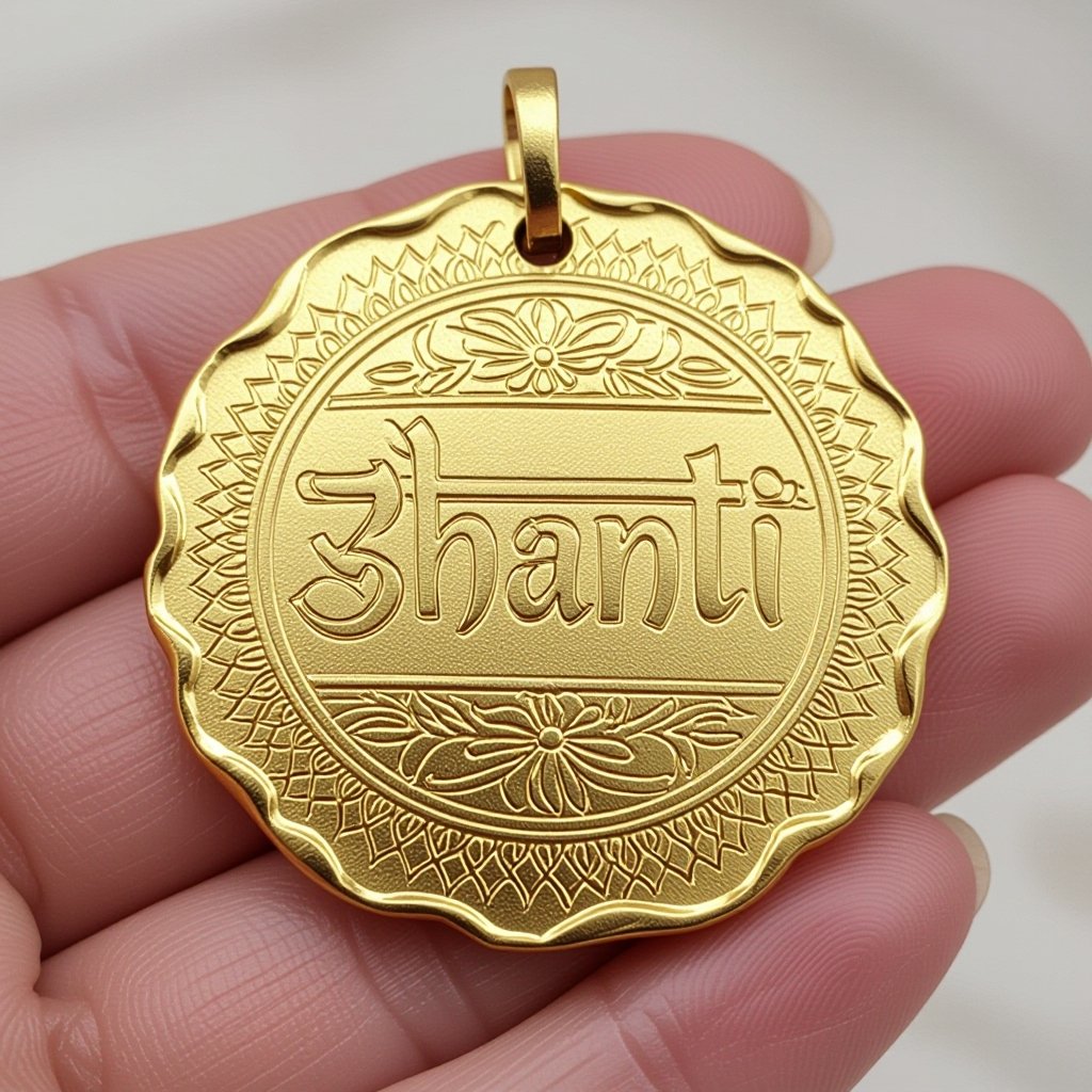 Золотой матовый медальон похожий на мятую монету с неровными краями. Надпись изящная с наклоном Shanti. Узоры вокруг надписи 