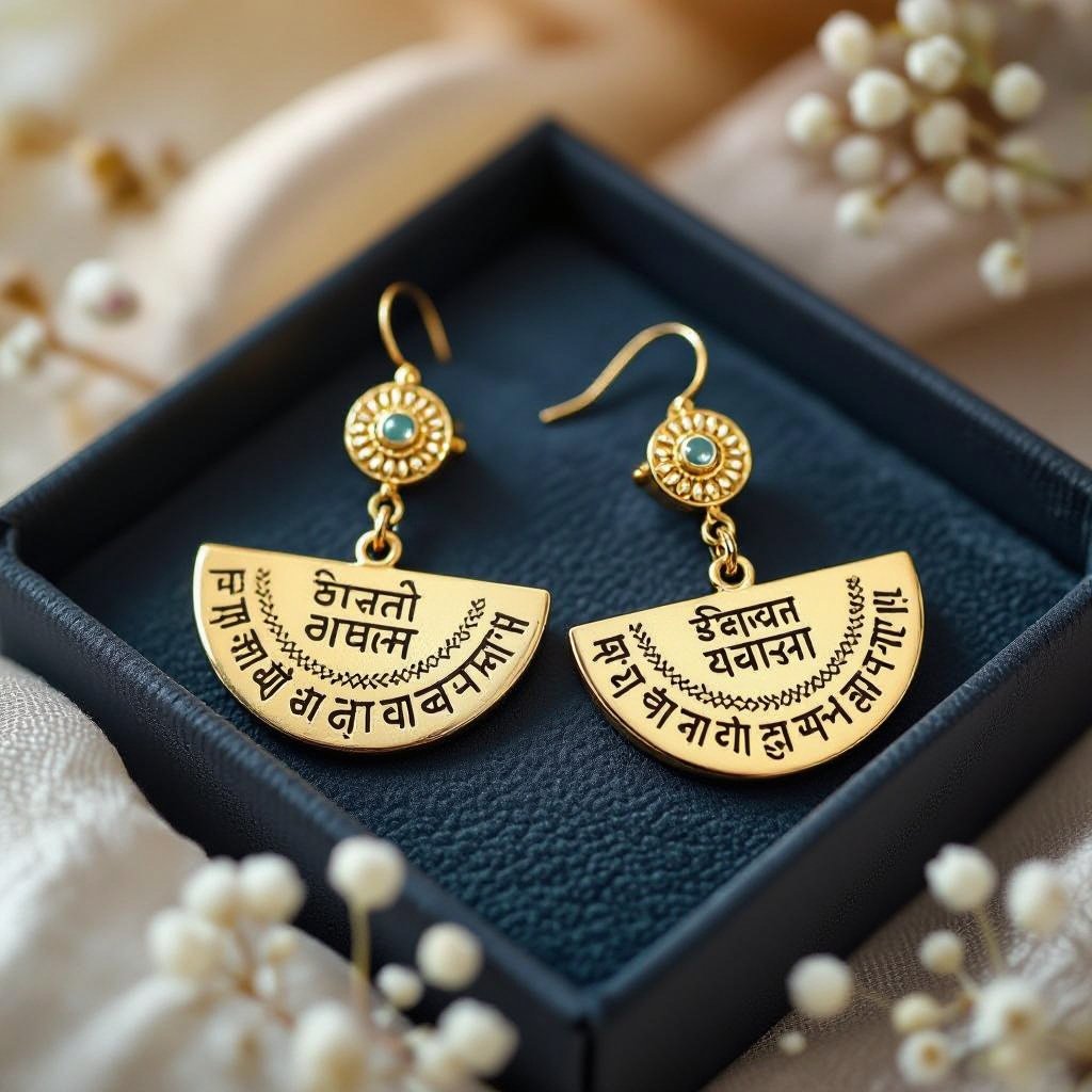 Серьги золотые в форме полумесяца с мантрами на санскрите