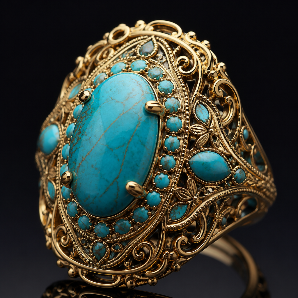 A women's ring with turquoise stones, highly ornate, intricate and elaborate, richly detailed. عاشر ميكين
photorealistic jewelry design, A women's ring with turquoise stones, highly ornate, intricate and elaborate, richly detailed. عاشر ميكين, modern style, just the design no text