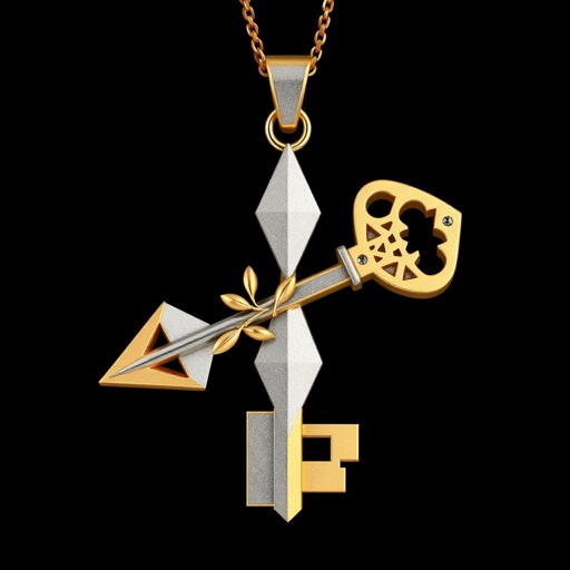Old skeleton key shape gold and silver tones with olive branch turning on leg and keffieh print on the tip