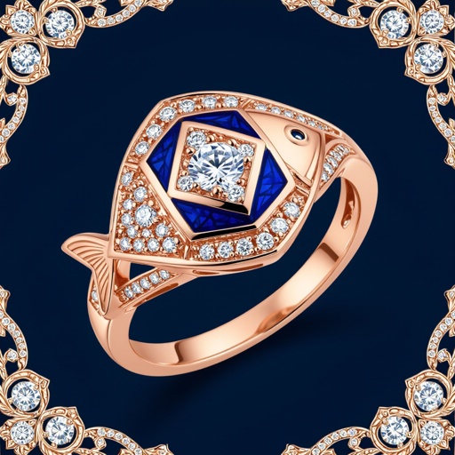 Pendant of different colors Geomatric edge of diamonds shaded of fish element in water background and vibes Rose gold ring, geometric diamonds, bezel set. Fish motif, blue enamel. Rose gold ring, geometric diamonds, bezel set. Fish motif, blue enamel.